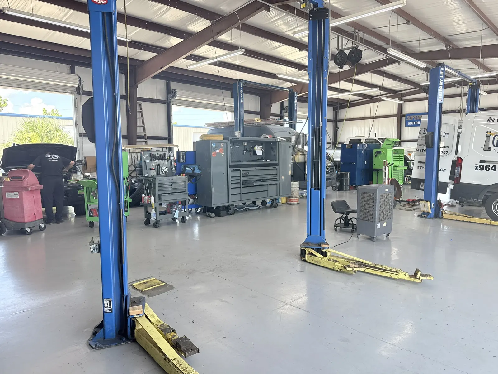 Two-post lifts and tool carts in the St. George Automotive shop